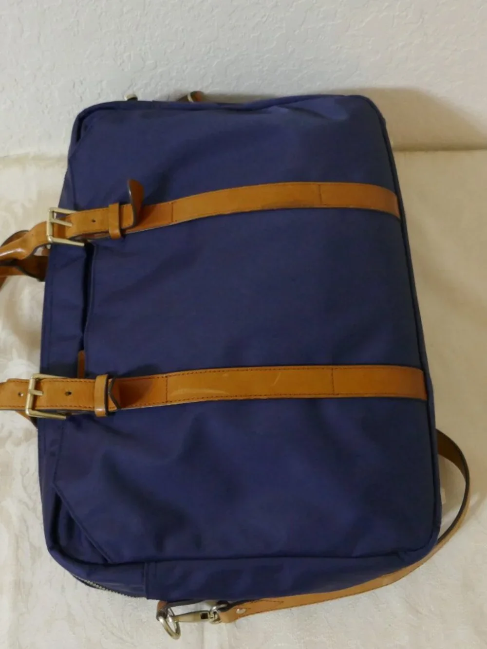 STUART O LAU The Cary Blue Nylon Briefcase Tan Leather Trim Laptop Bag